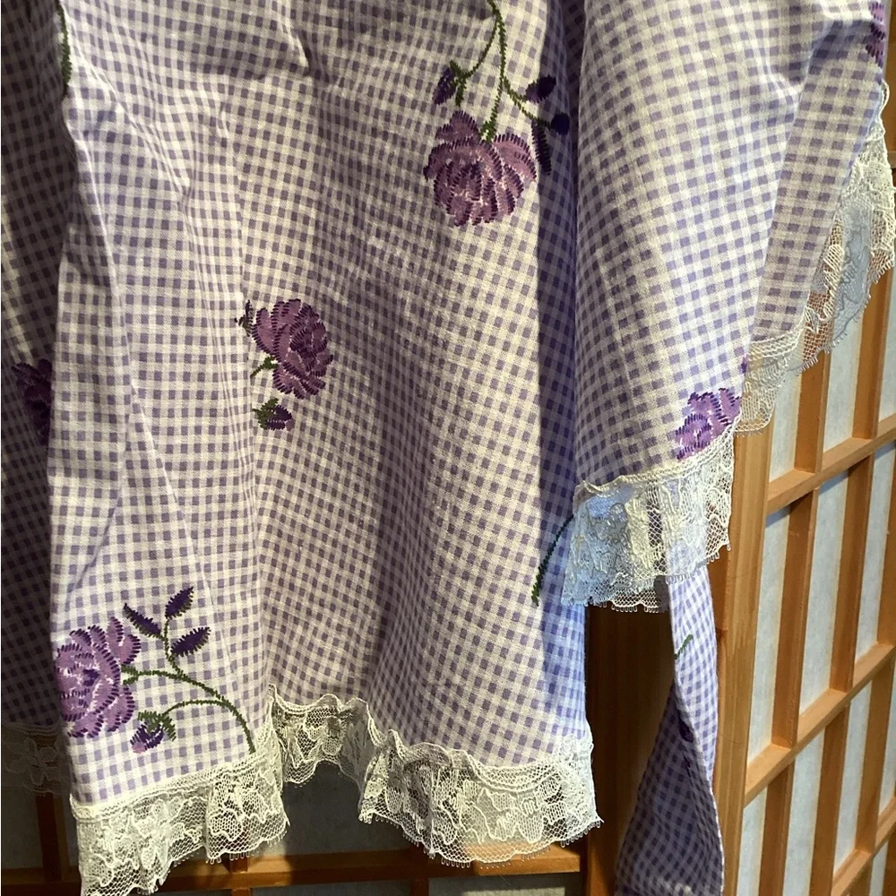 Vintage Handmade Purple Floral and Gingham Half Apron with White Lace Trim